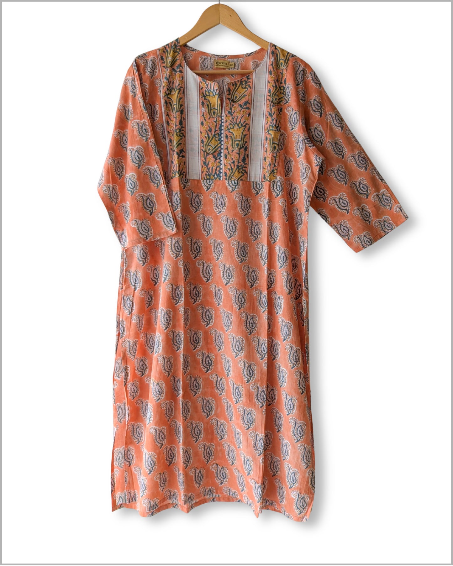 Block printed kurta with vertical stripes yoke + hand embroidery.