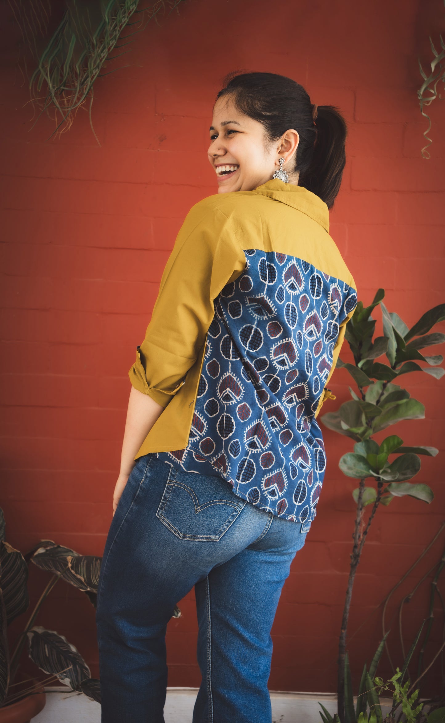 Cotton Shirt with Ajrakh Back Panel & Accents