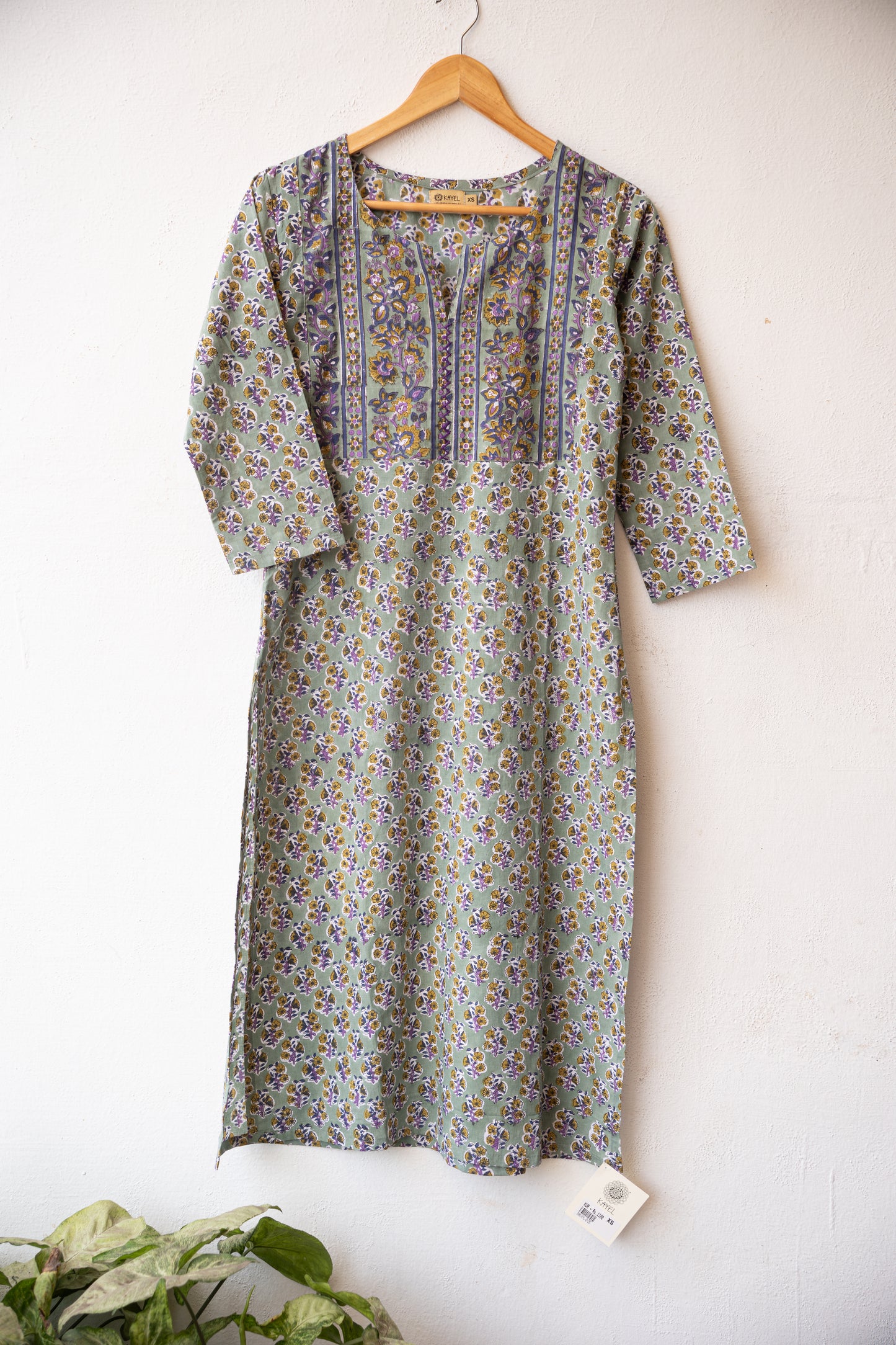 Block printed kurta with vertical stripes yoke + hand embroidery.