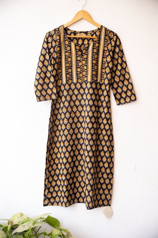 Block printed kurta with vertical stripes yoke + hand embroidery.