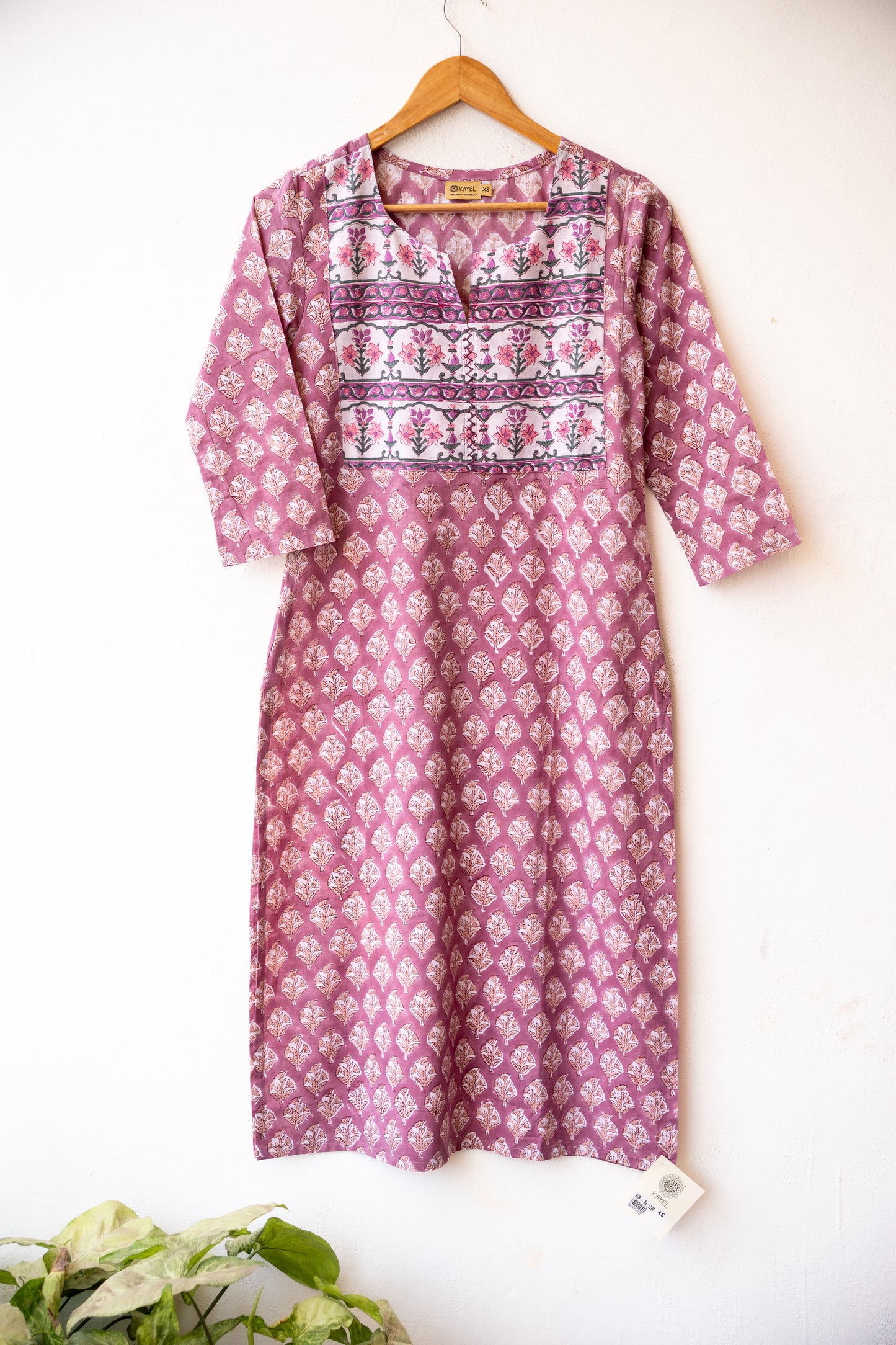 Block printed kurta with vertical stripes yoke + hand embroidery.