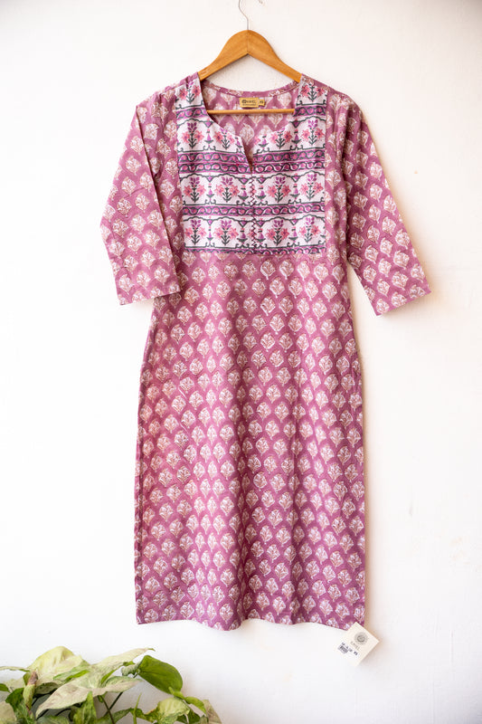Block printed kurta with vertical stripes yoke + hand embroidery.