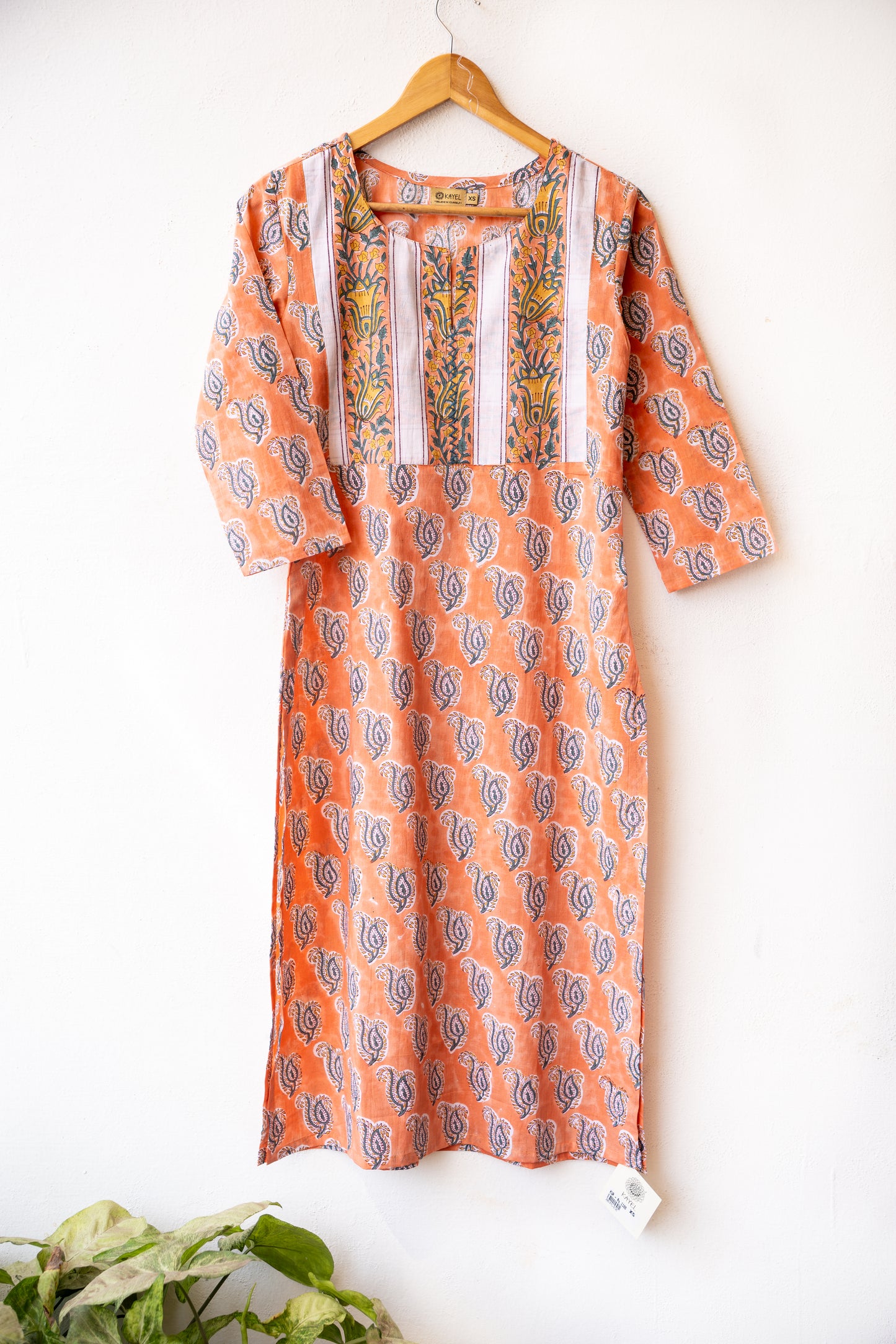 Block printed kurta with vertical stripes yoke + hand embroidery.