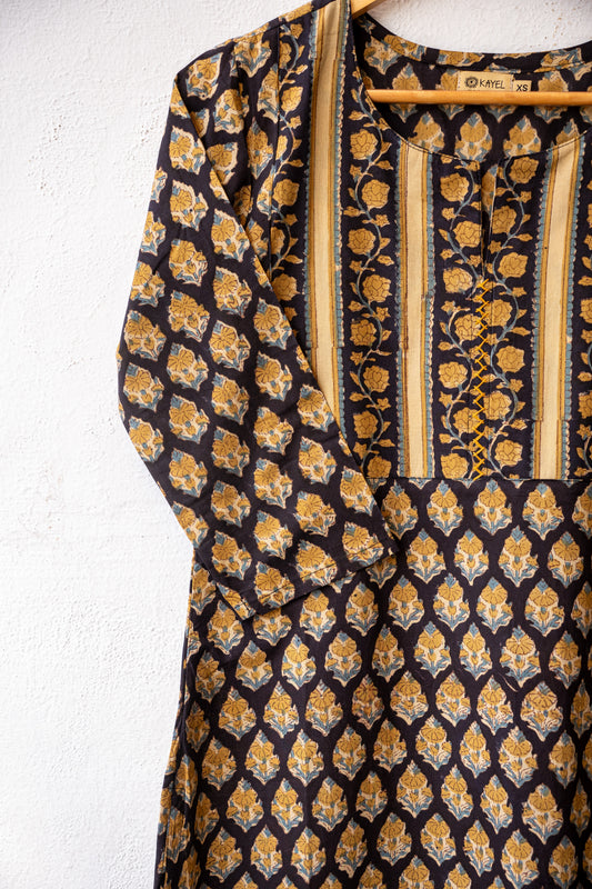 Block printed kurta with vertical stripes yoke + hand embroidery.