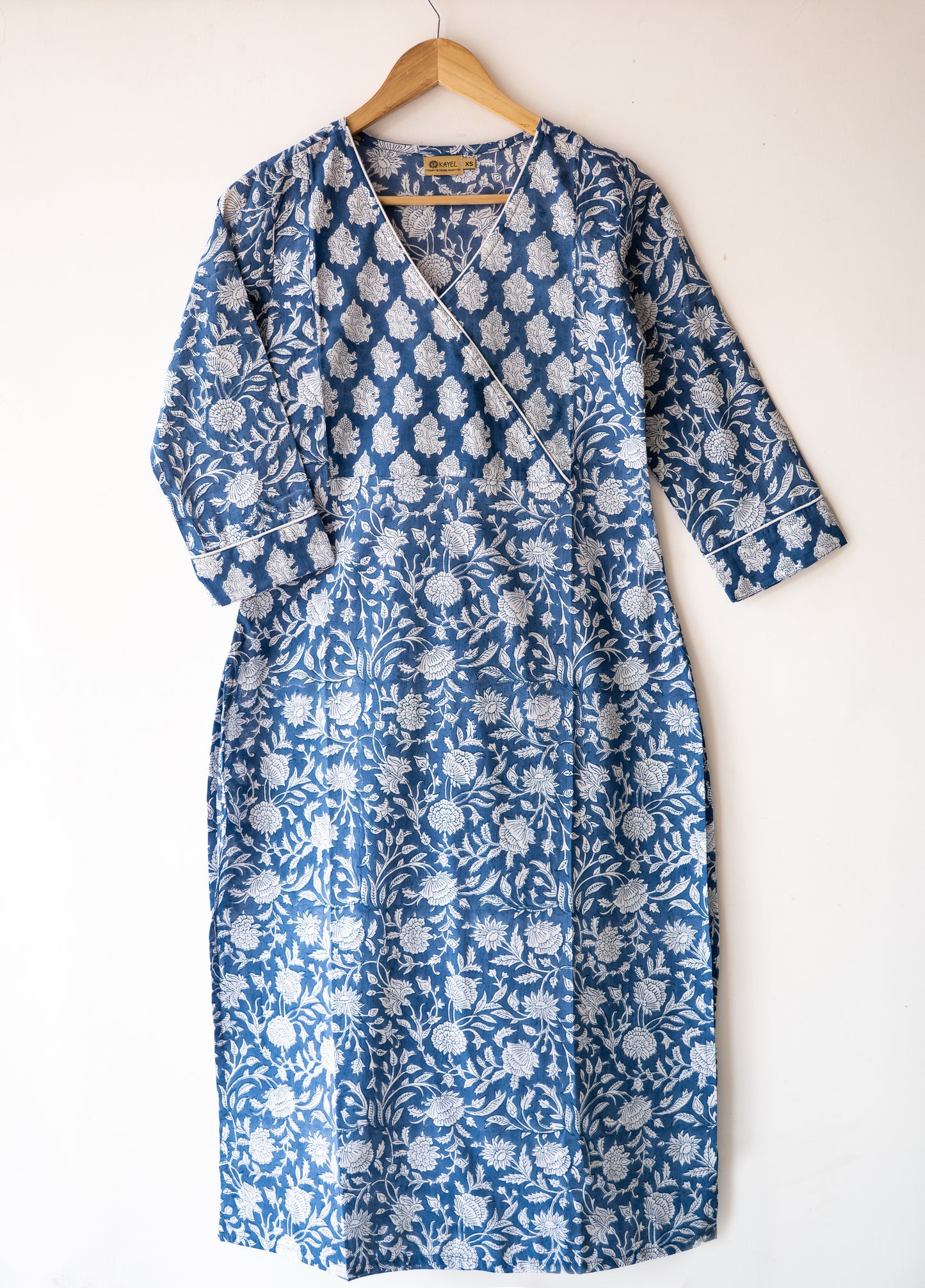 Block printed straight kurta with angrakha yoke