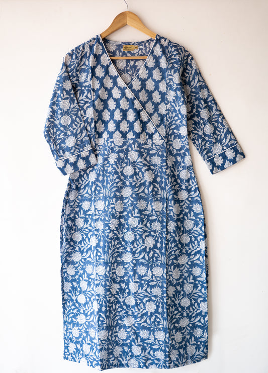 Block printed straight kurta with angrakha yoke