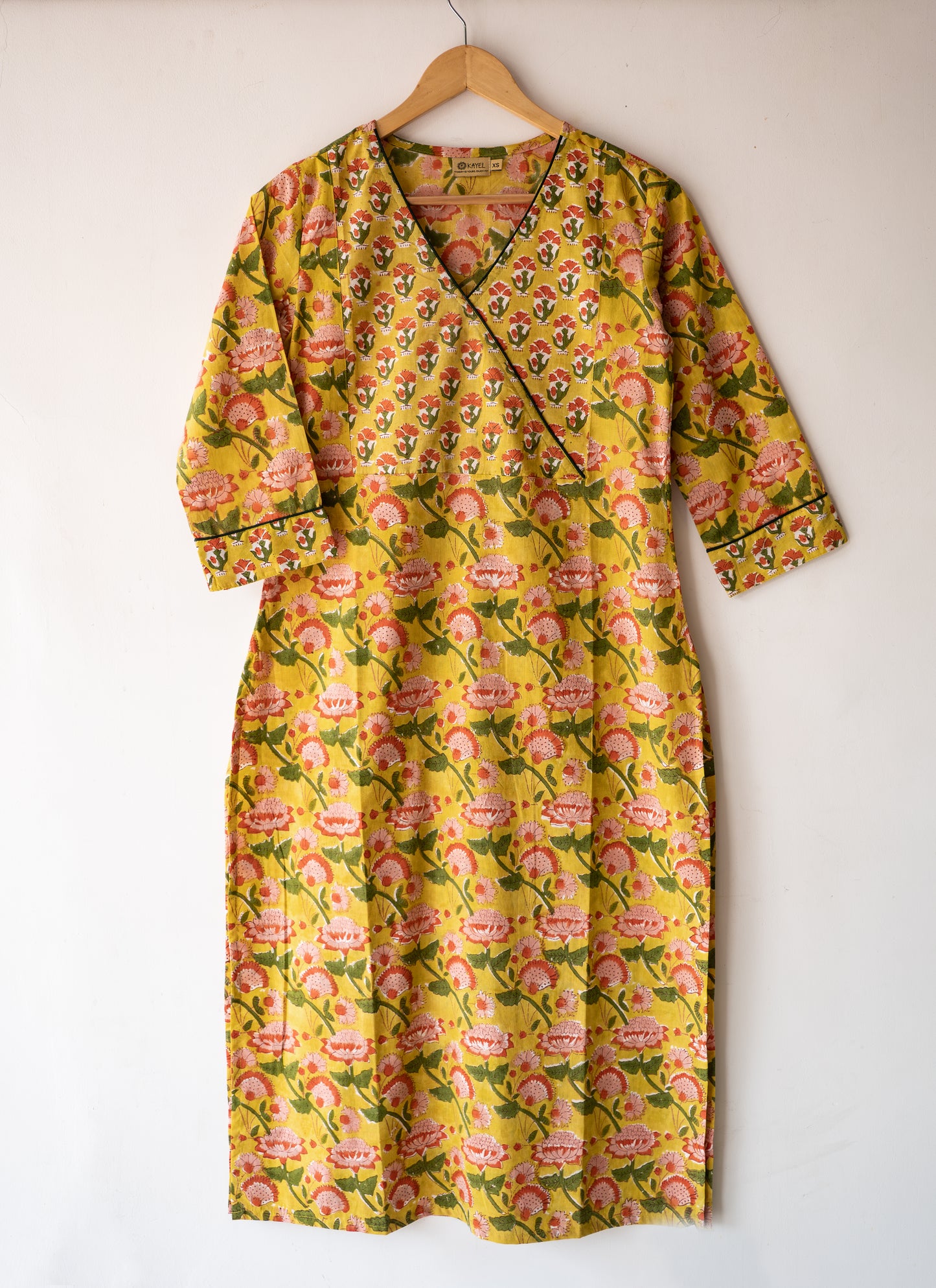Block printed straight kurta with angrakha yoke