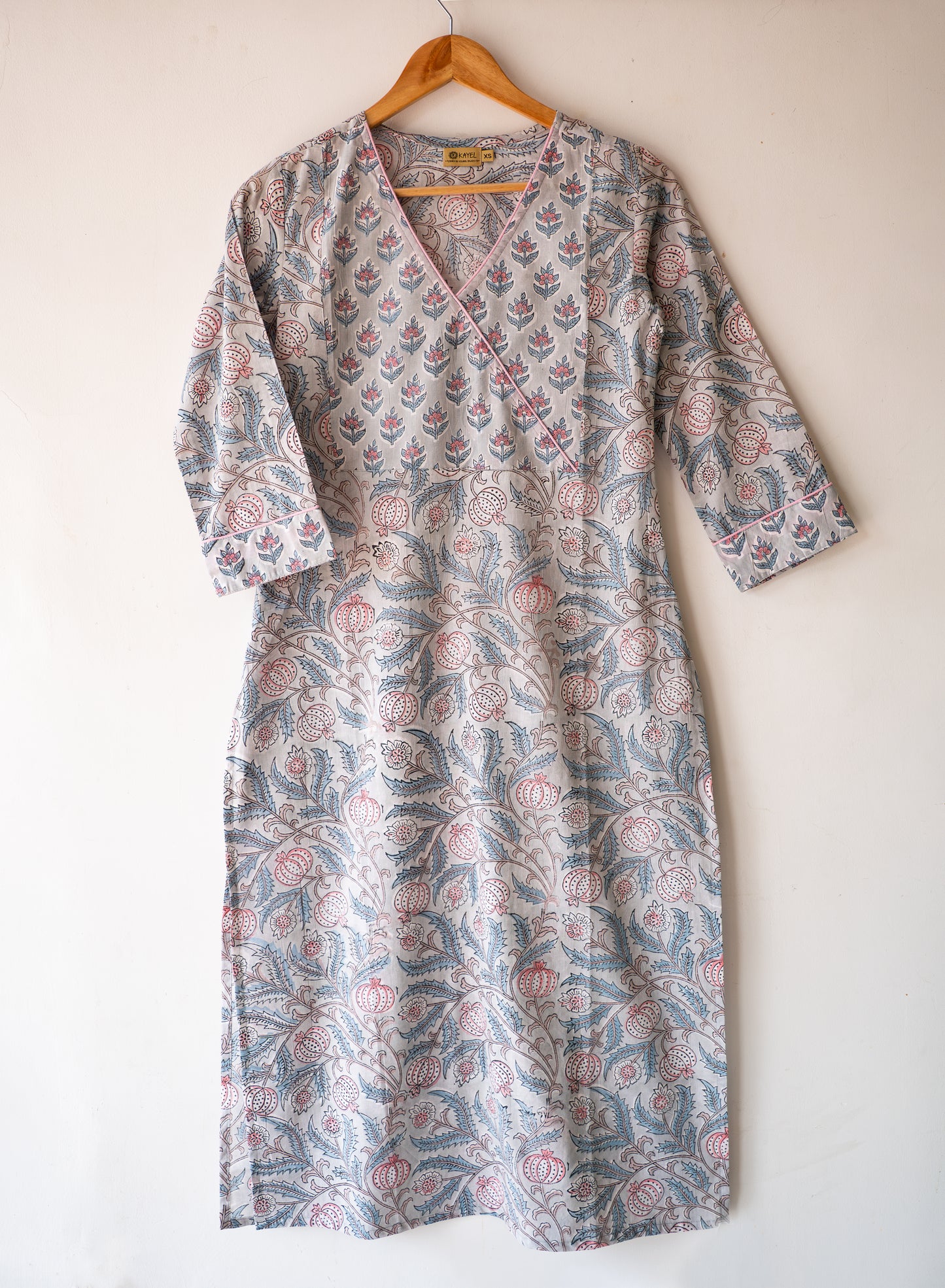 Block printed straight kurta with angrakha yoke