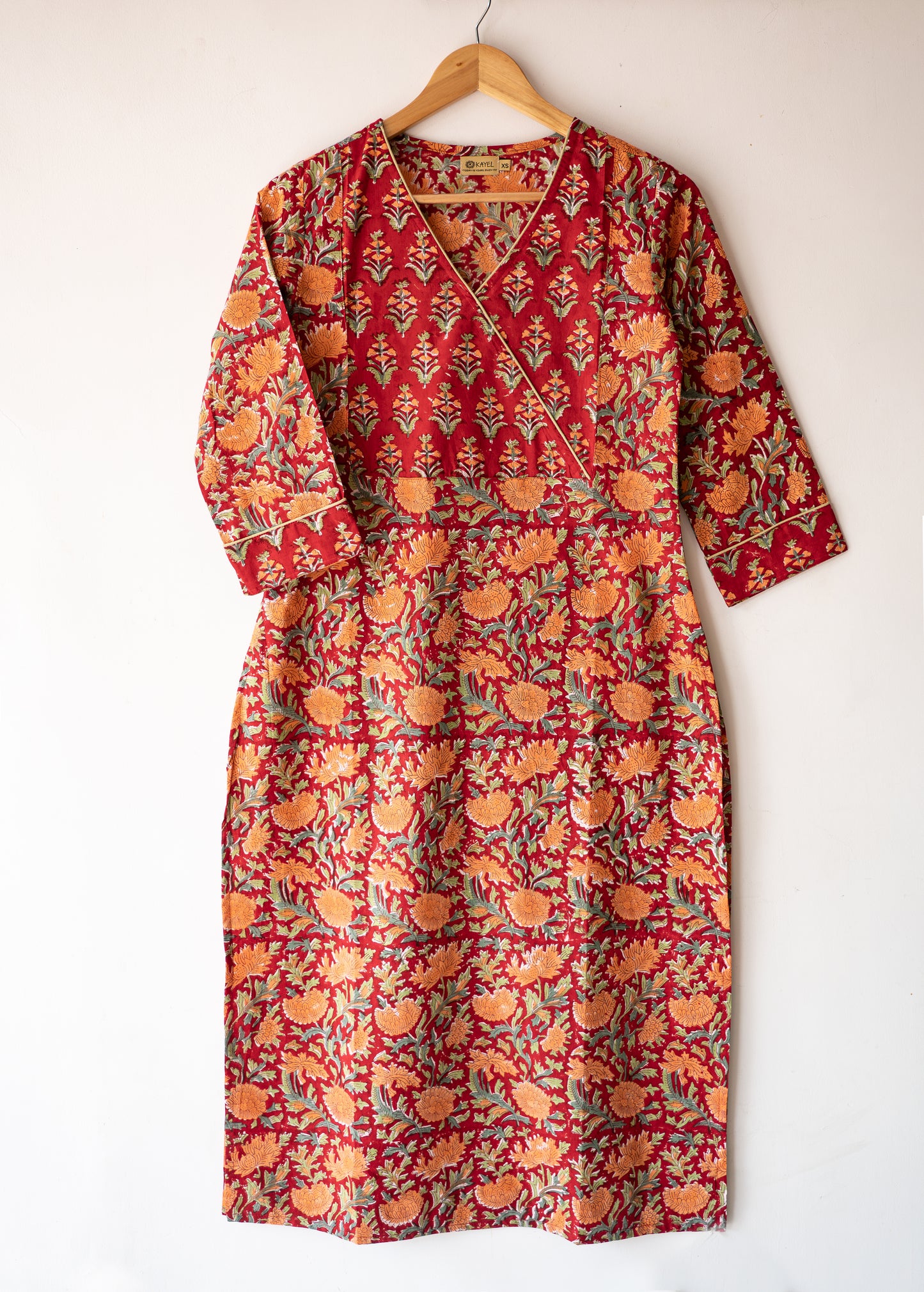 Block printed straight kurta with angrakha yoke