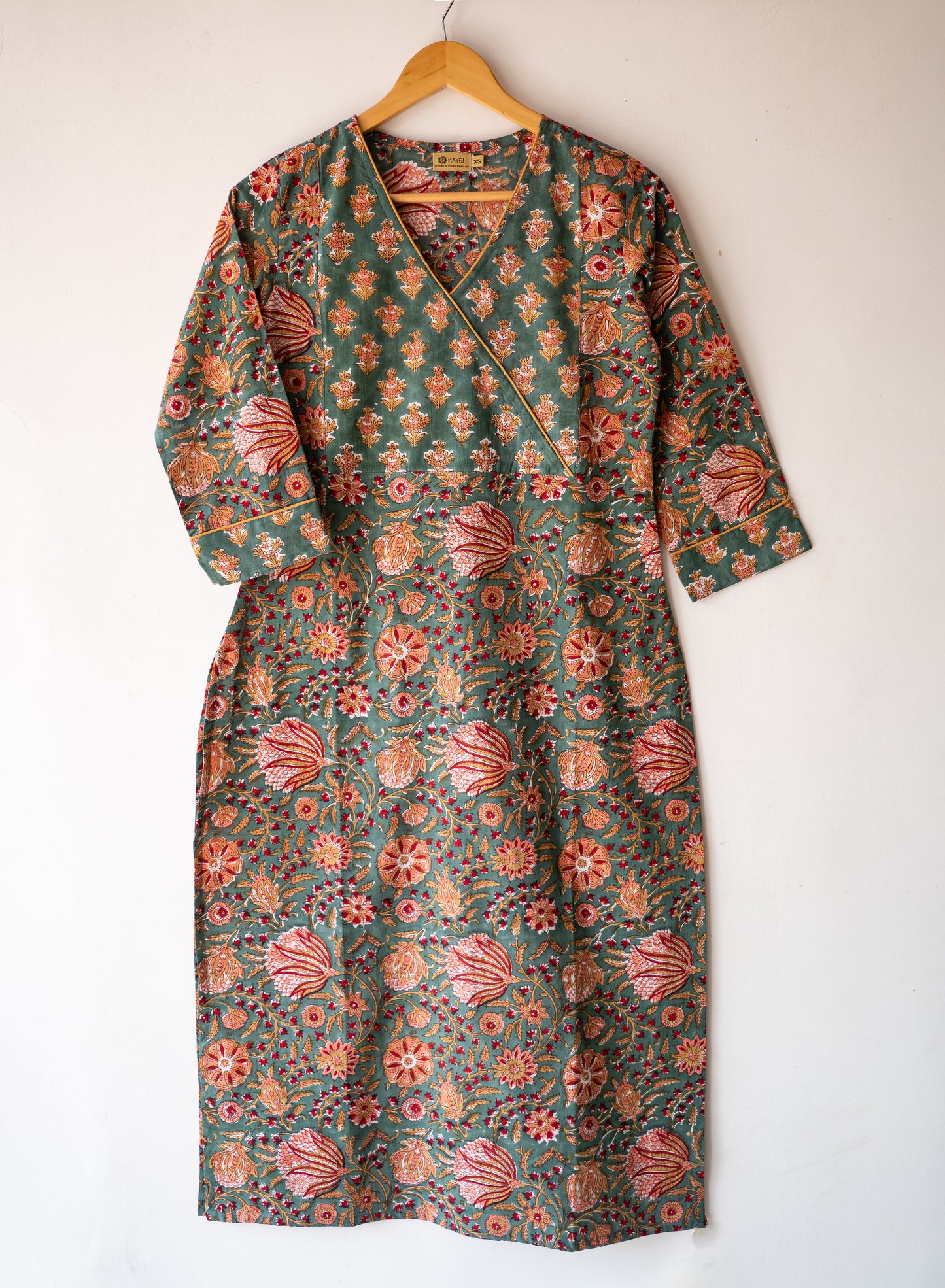 Block printed straight kurta with angrakha yoke