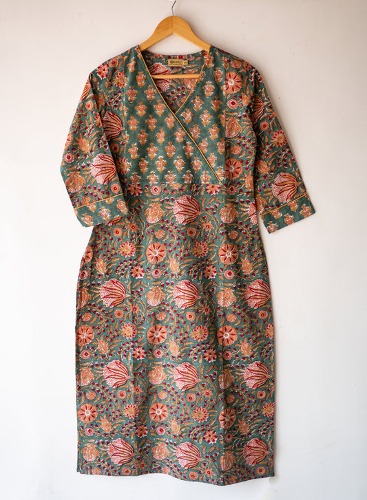 Block printed straight kurta with angrakha yoke