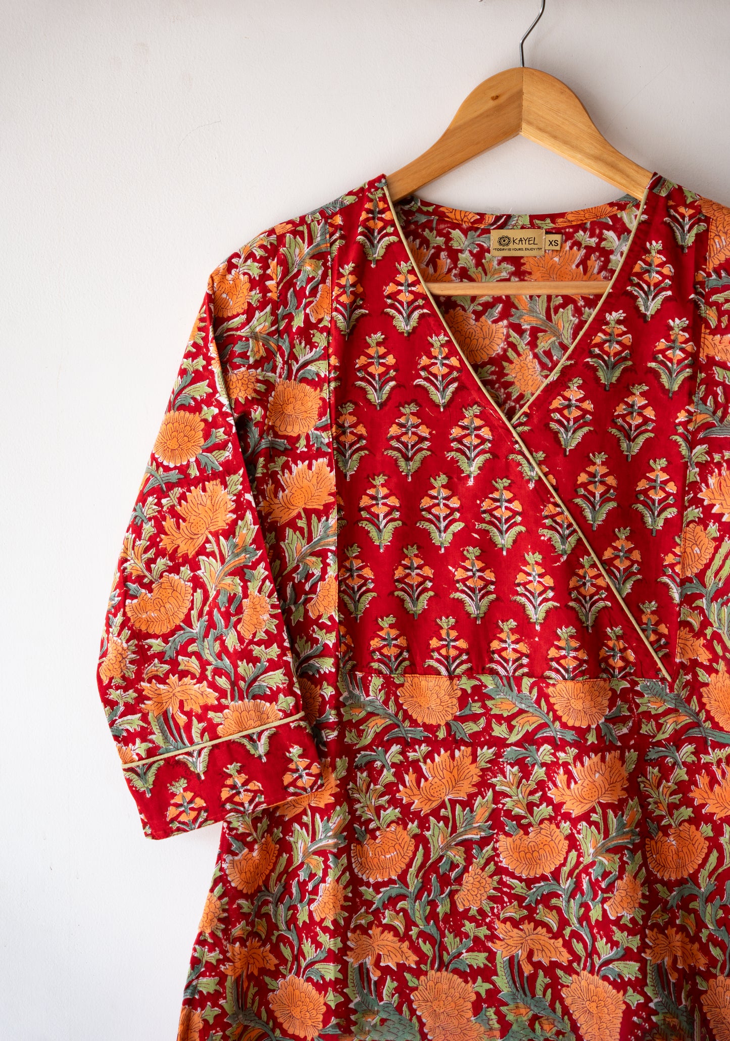 Block printed straight kurta with angrakha yoke