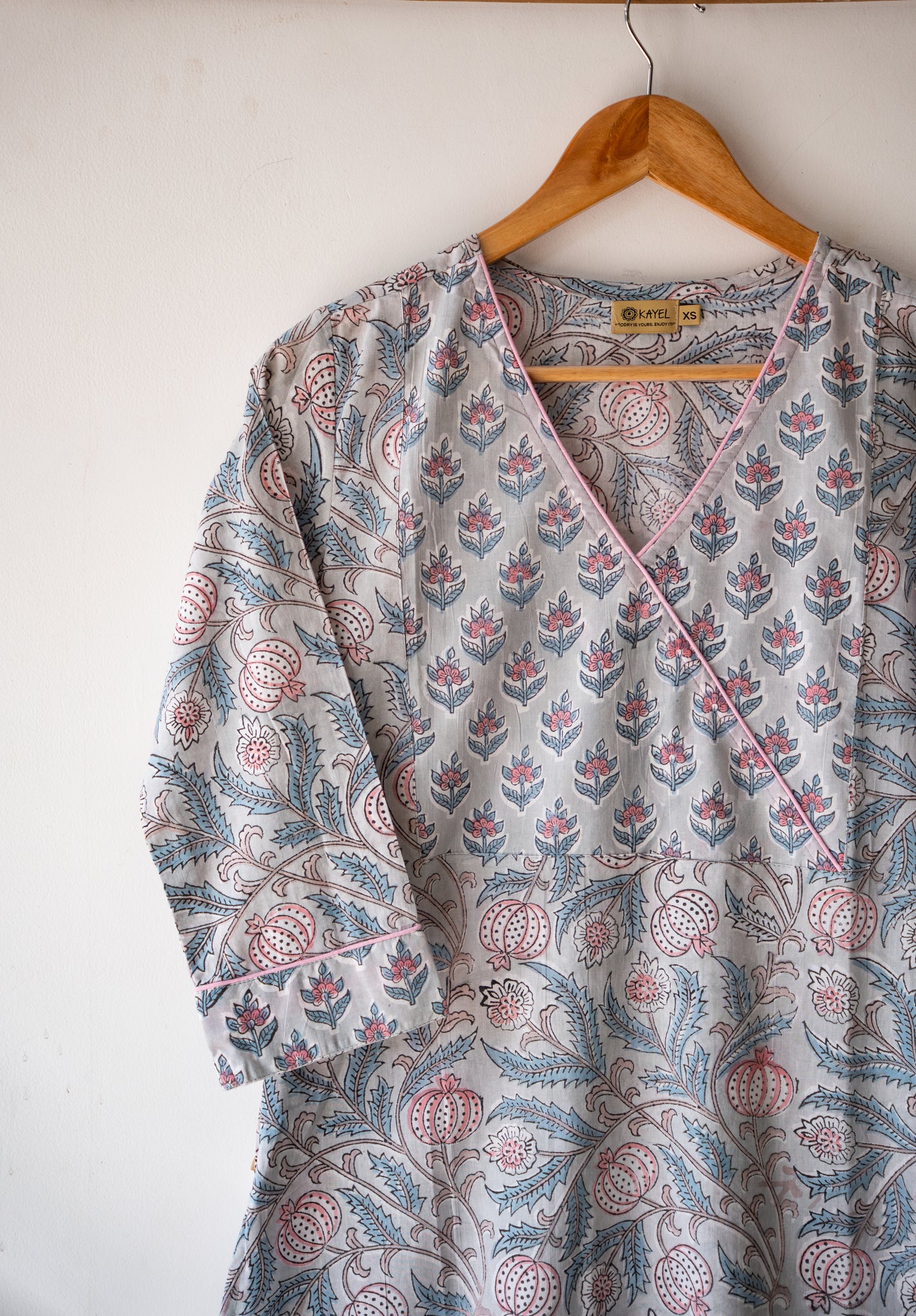 Block printed straight kurta with angrakha yoke