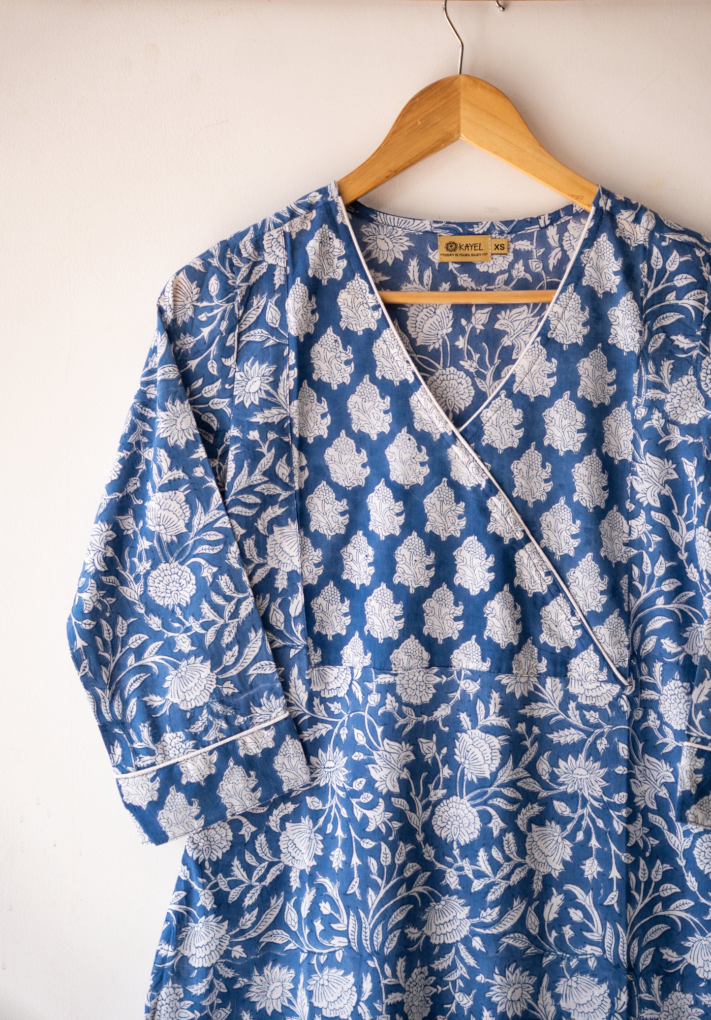 Block printed straight kurta with angrakha yoke