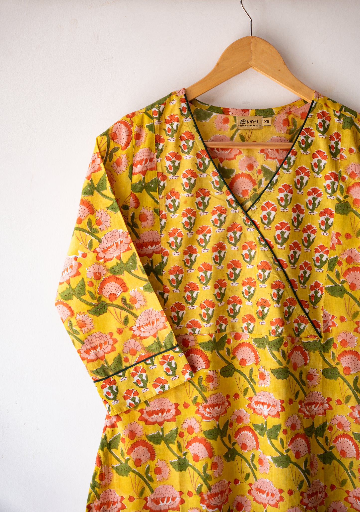 Block printed straight kurta with angrakha yoke