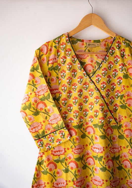 Block printed straight kurta with angrakha yoke