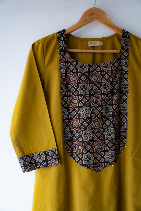 Solid cotton Kurta with a long yoke + Kantha embroidery