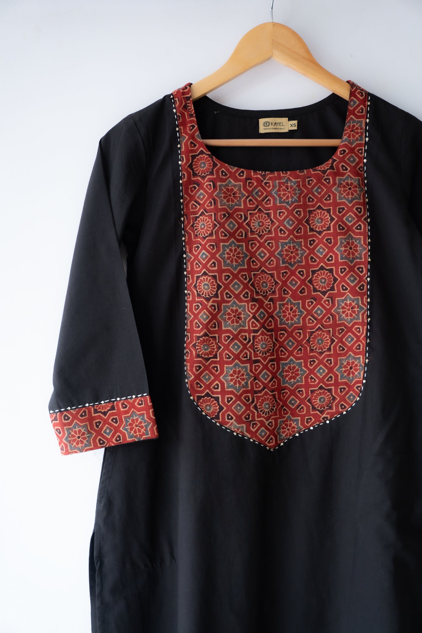 Solid cotton Kurta with a long yoke + Kantha embroidery