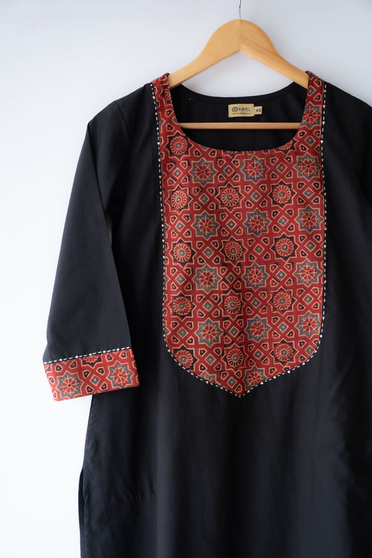 Solid cotton Kurta with a long yoke + Kantha embroidery