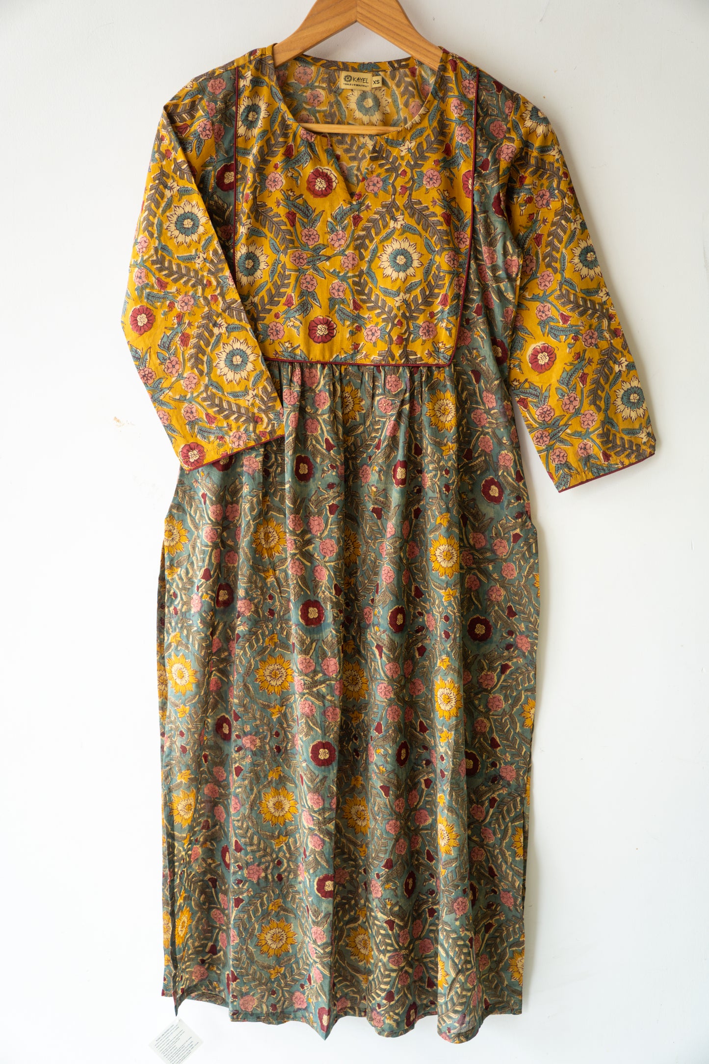 Block printed straight kurta with yoke & gathers.