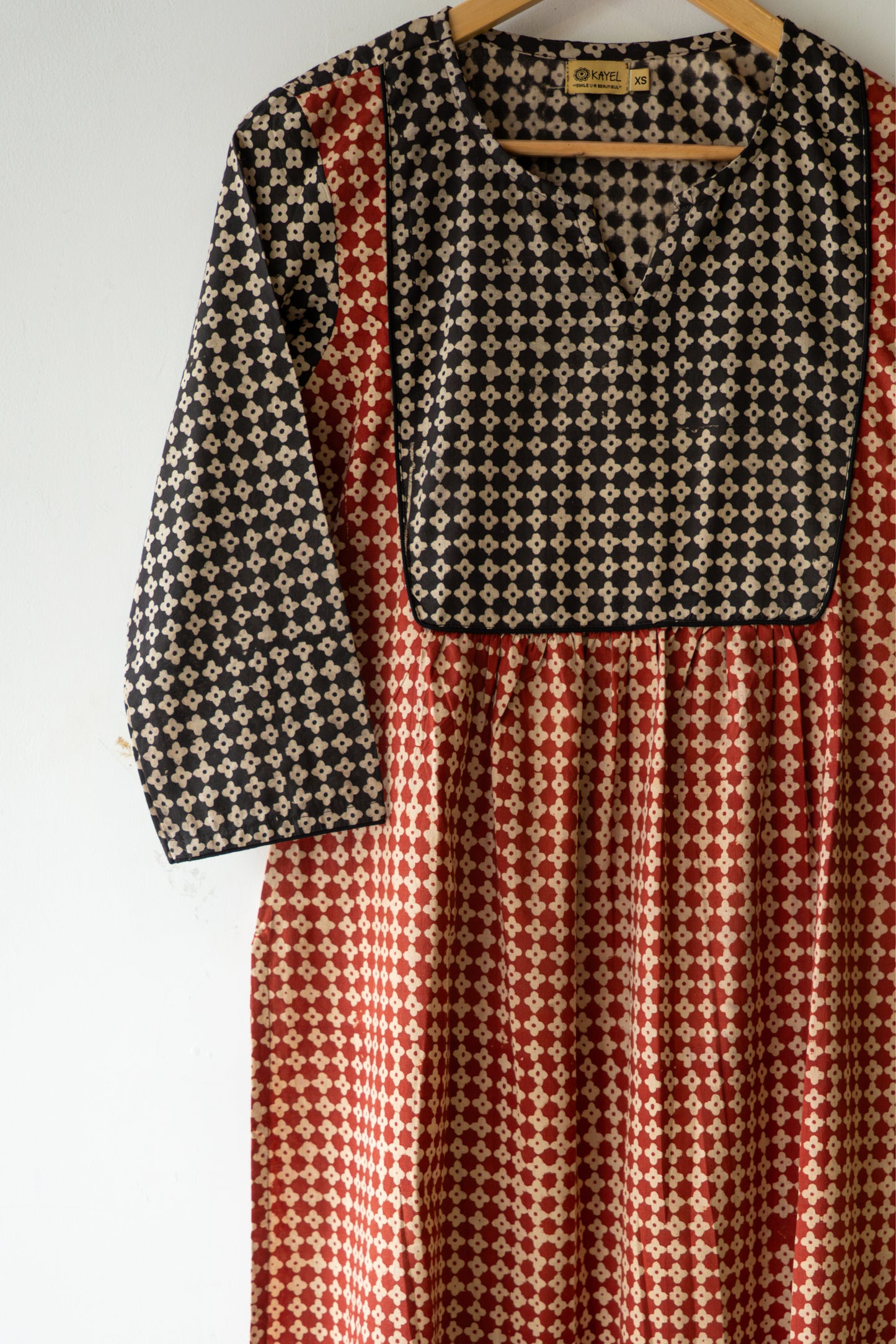 Block printed straight kurta with yoke & gathers.