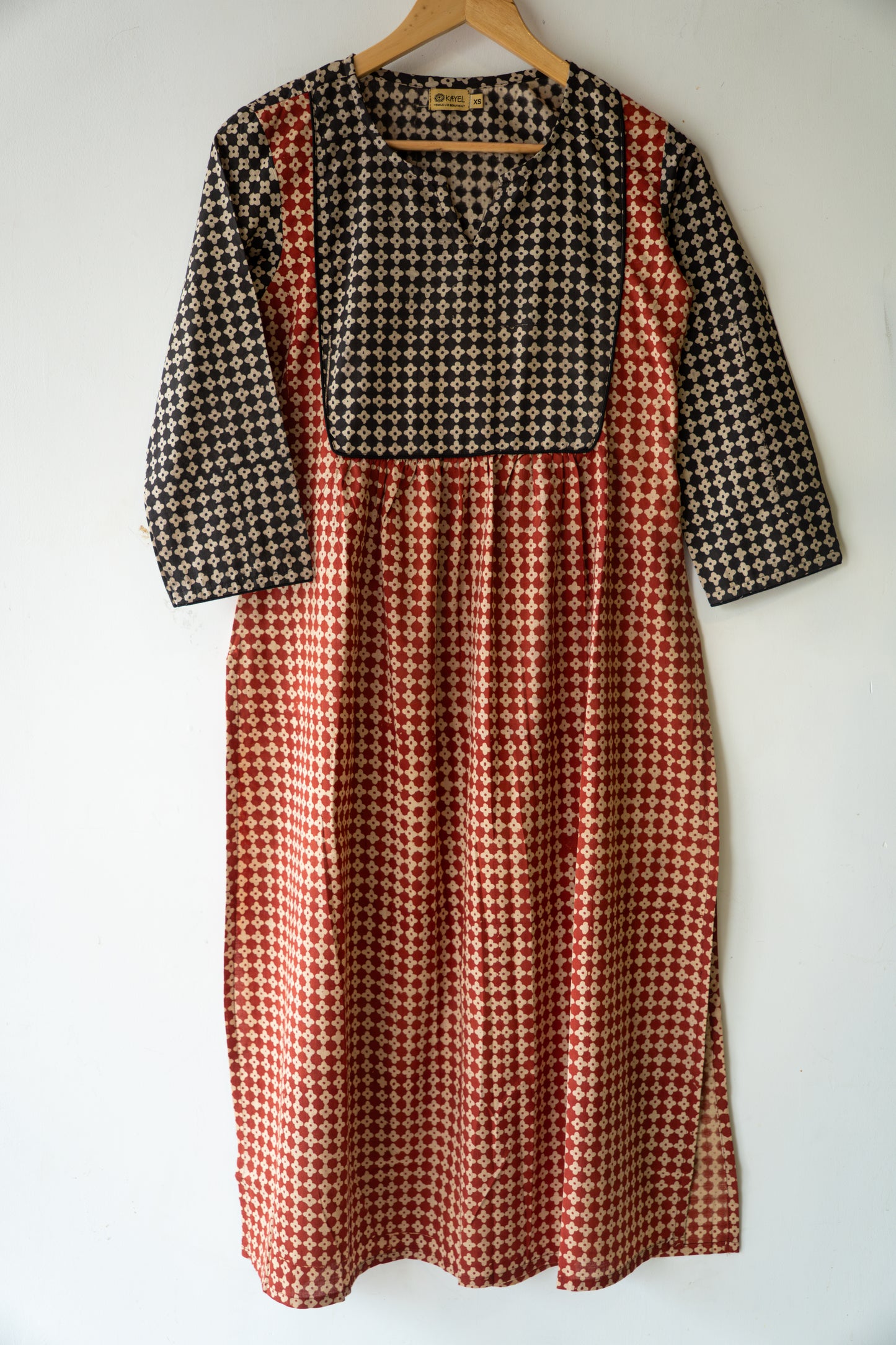 Block printed straight kurta with yoke & gathers.