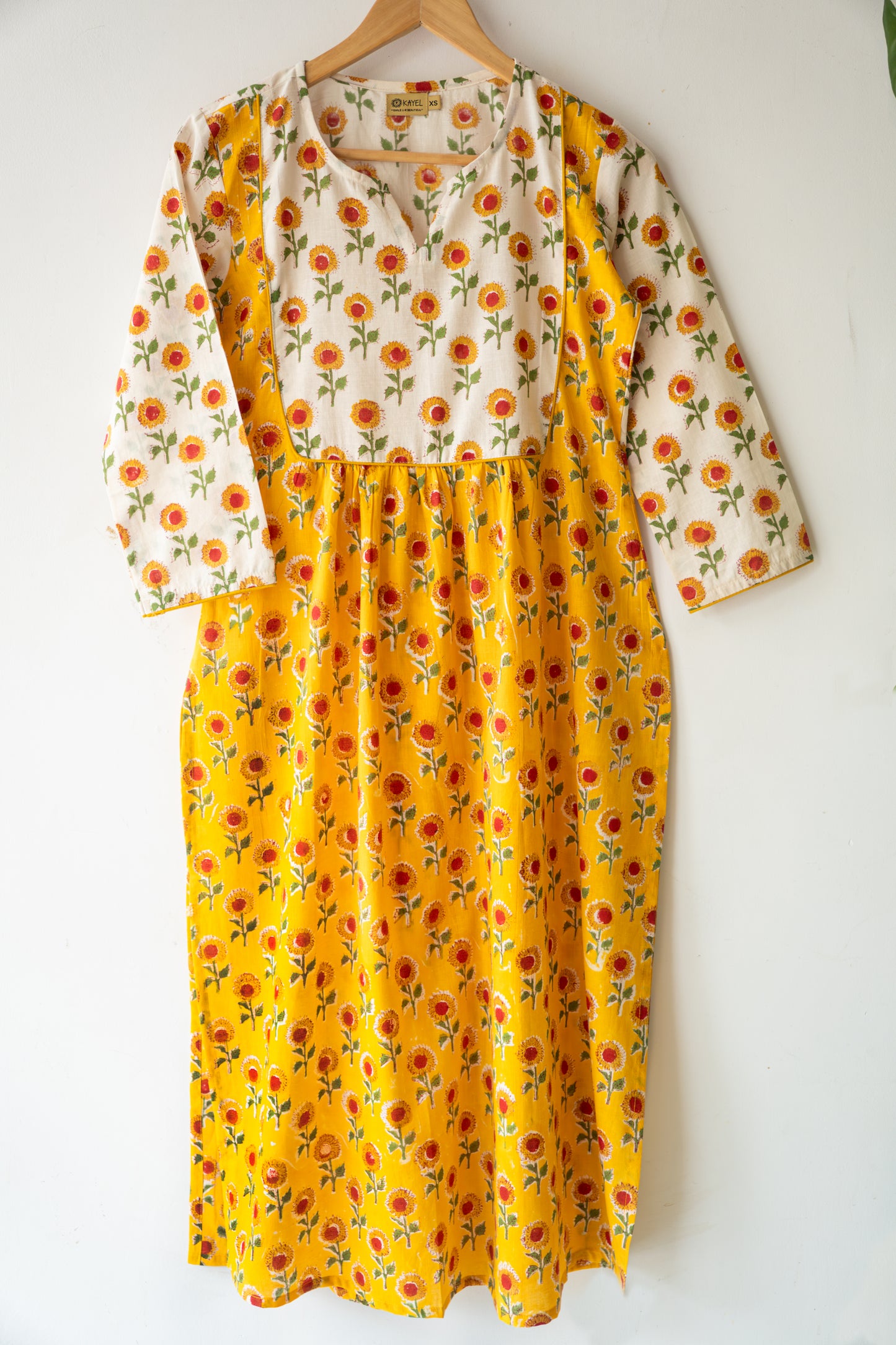 Block printed straight kurta with yoke & gathers.