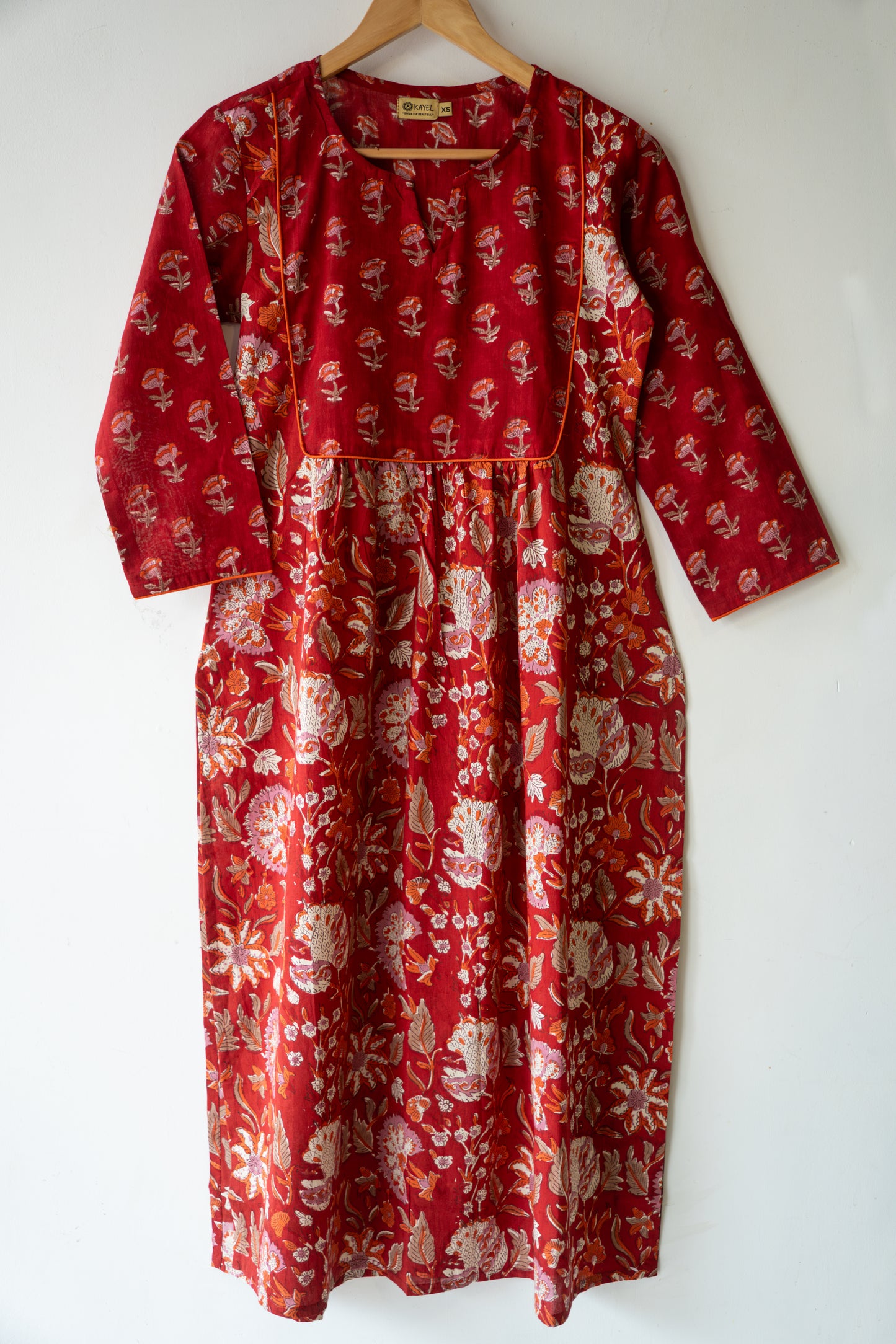 Block printed straight kurta with yoke & gathers.