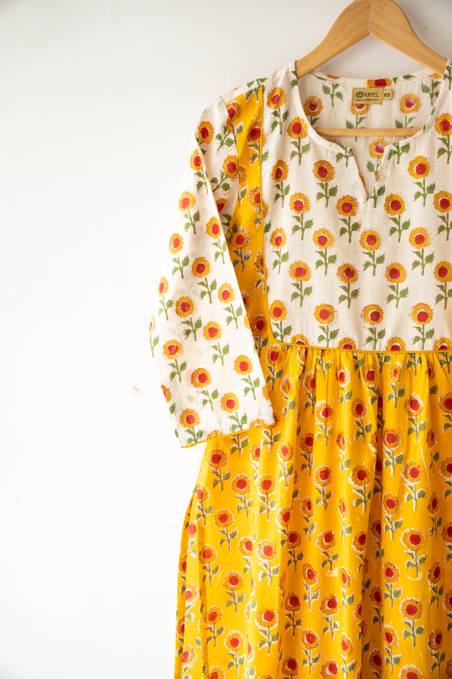 Block printed straight kurta with yoke & gathers.