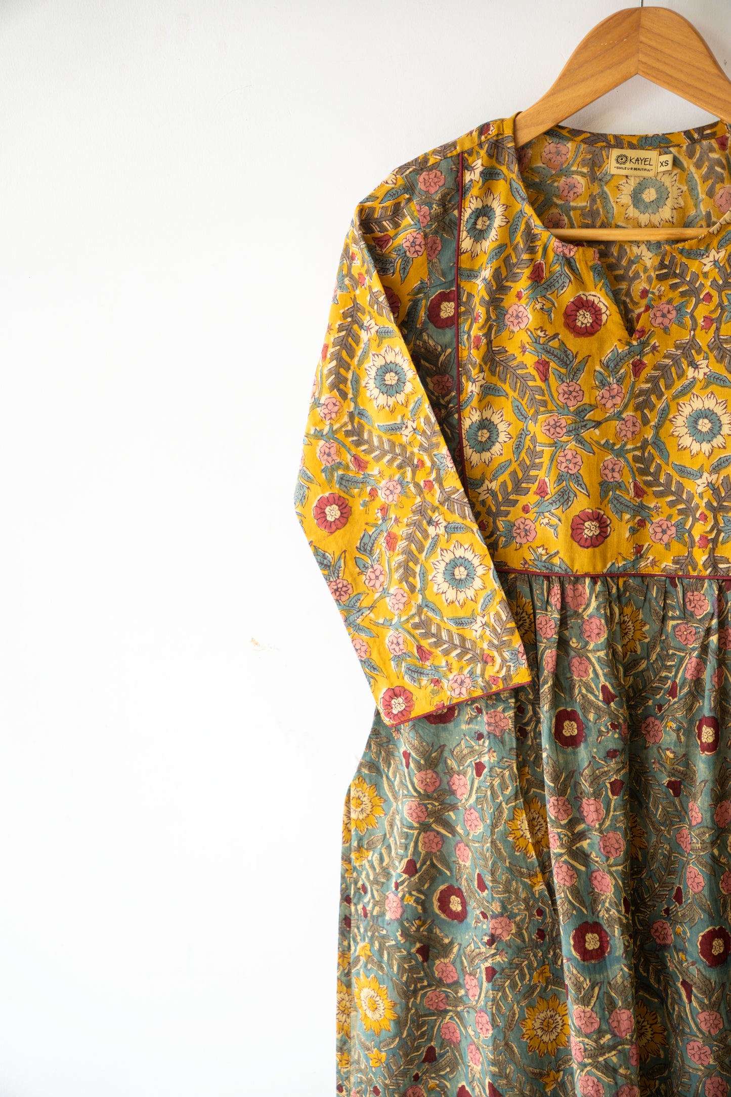 Block printed straight kurta with yoke & gathers.