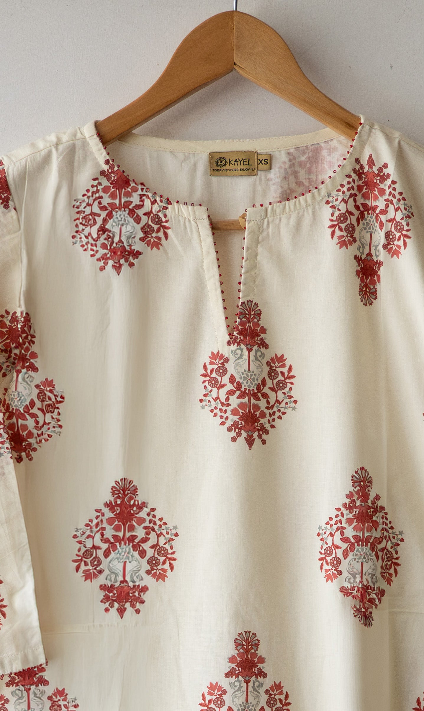 Block Printed Kurta With Beaded Neck