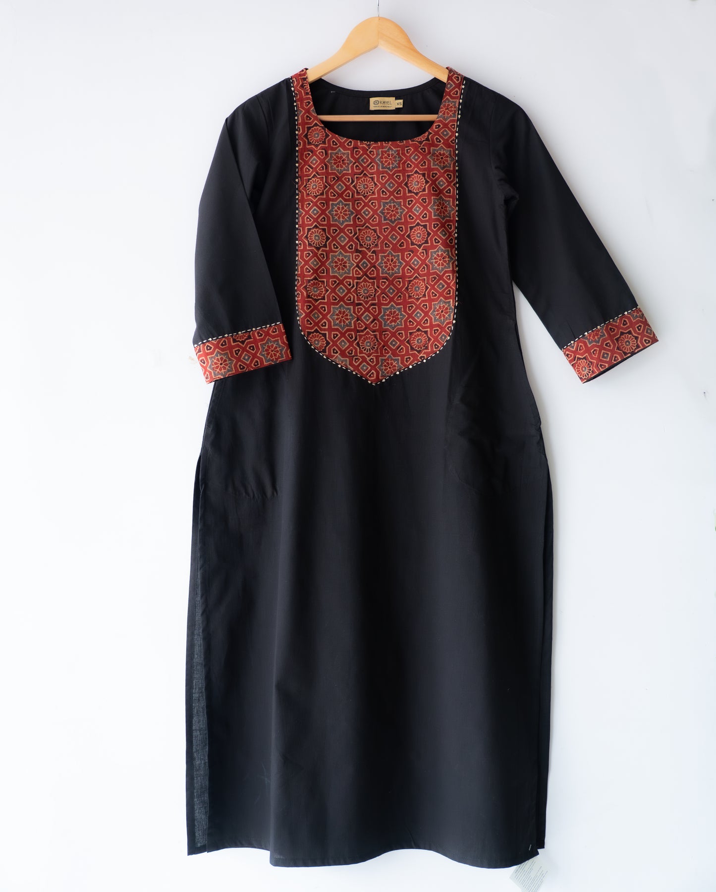 Solid cotton Kurta with a long yoke + Kantha embroidery
