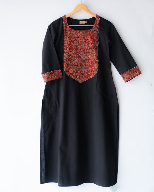 Solid cotton Kurta with a long yoke + Kantha embroidery