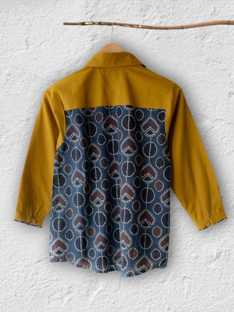 Cotton Shirt with Ajrakh Back Panel & Accents - Ochre (Yellow)