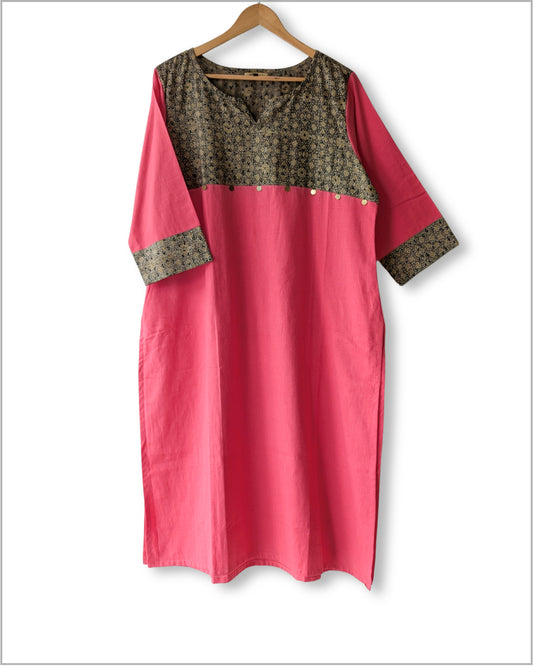 Solid cotton Kurta with Ajrakh yoke