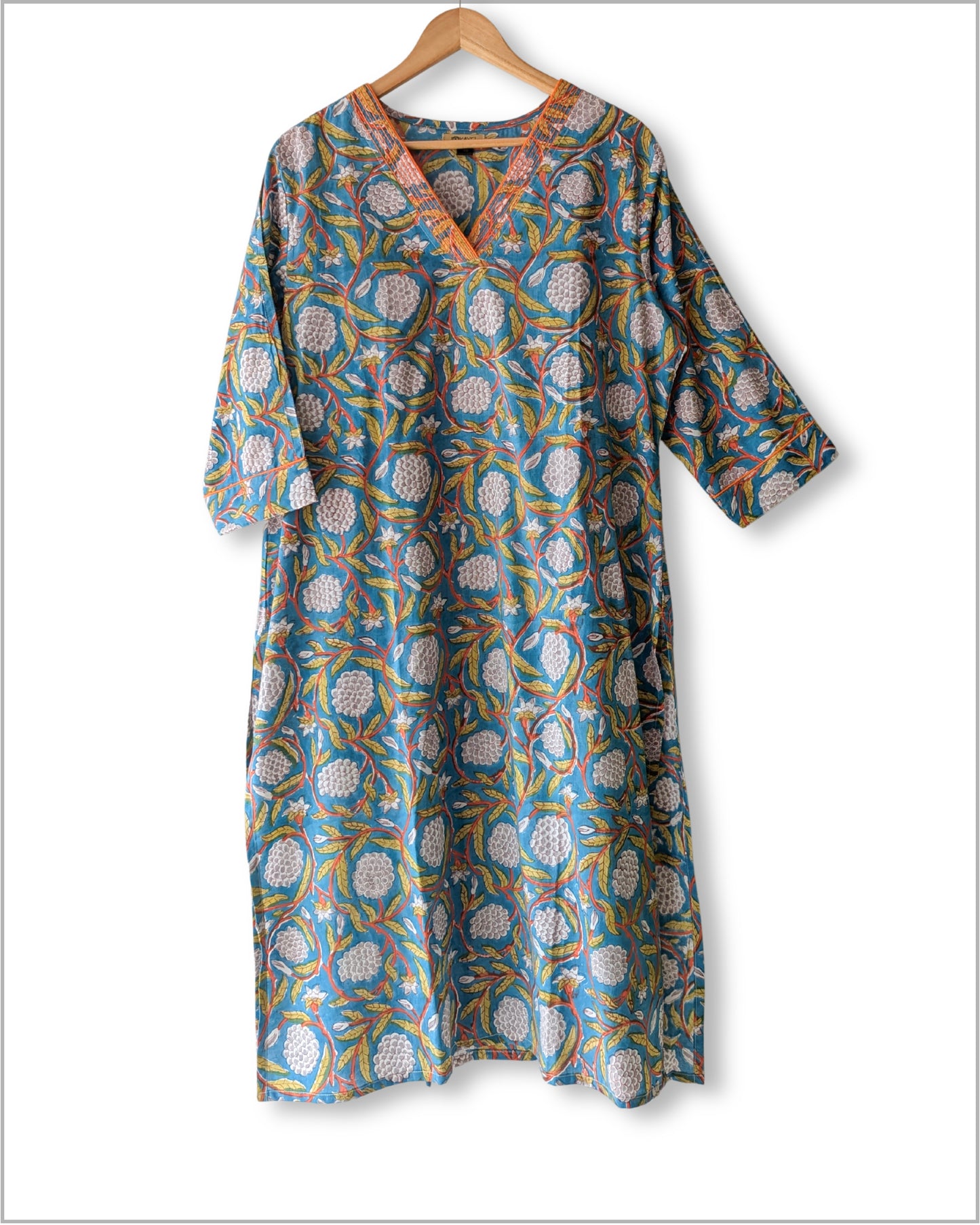 Cotton straight Kurta with V neck embroidery