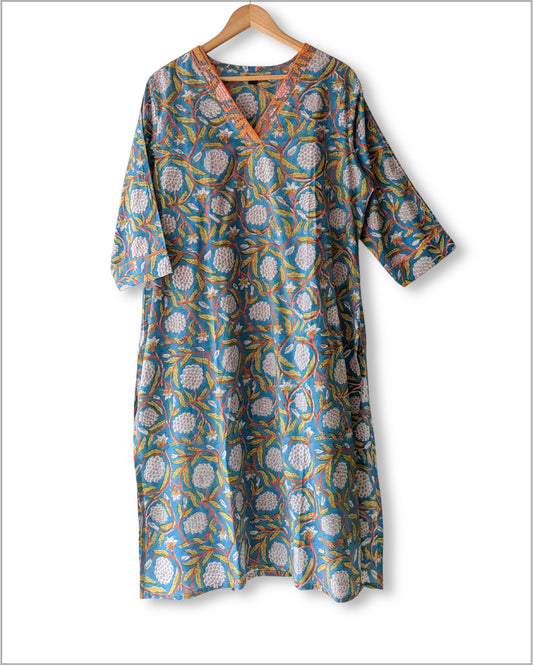 Cotton straight Kurta with V neck embroidery