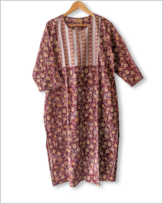Block printed kurta with vertical stripes yoke + hand embroidery.