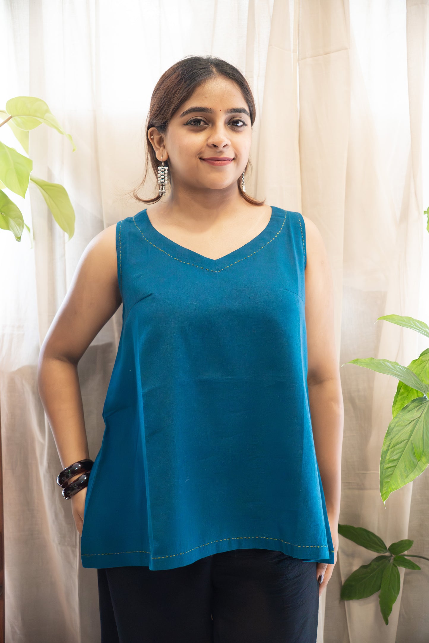 Sleeveless Flex Cotton Top with Kantha Embroidery