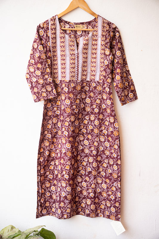Block printed kurta with vertical stripes yoke + hand embroidery.