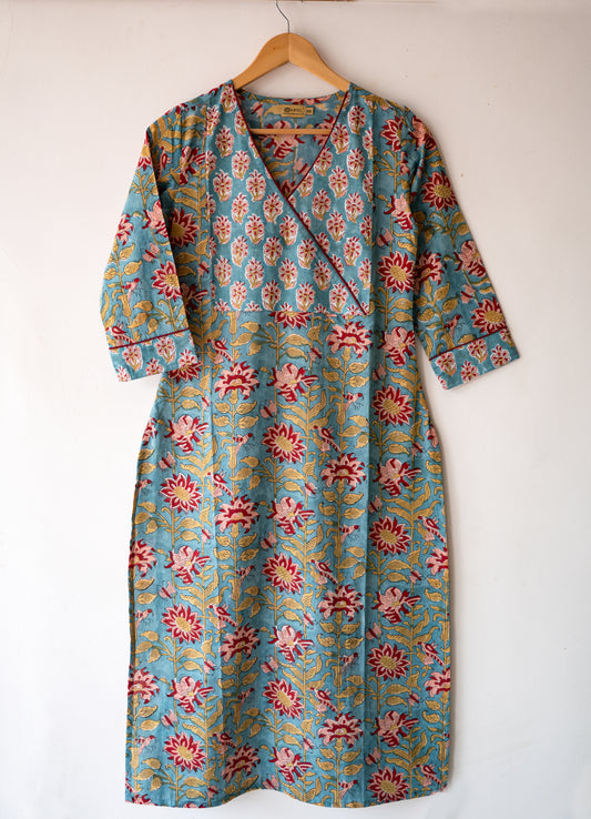 Block printed straight kurta with angrakha yoke