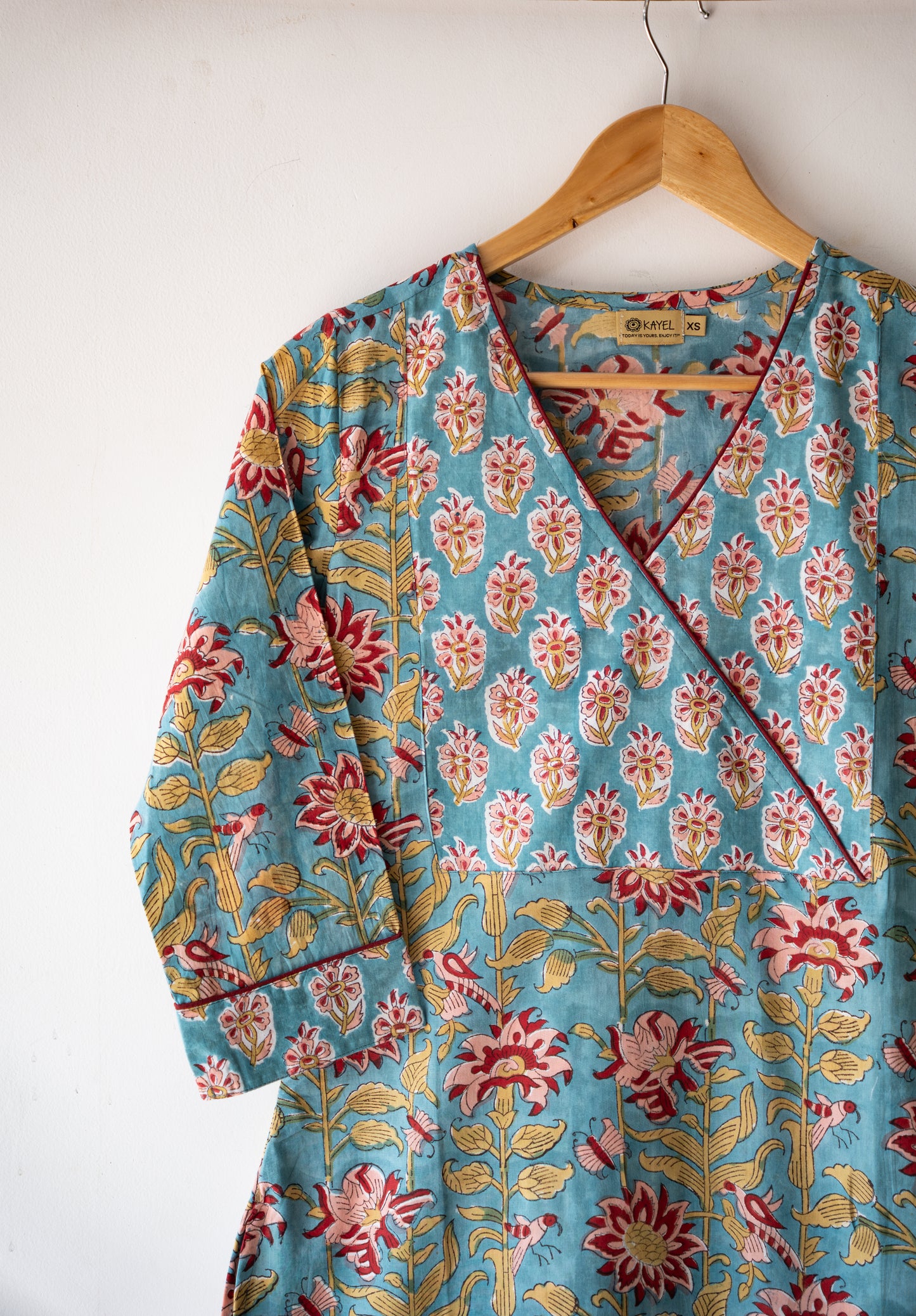 Block printed straight kurta with angrakha yoke