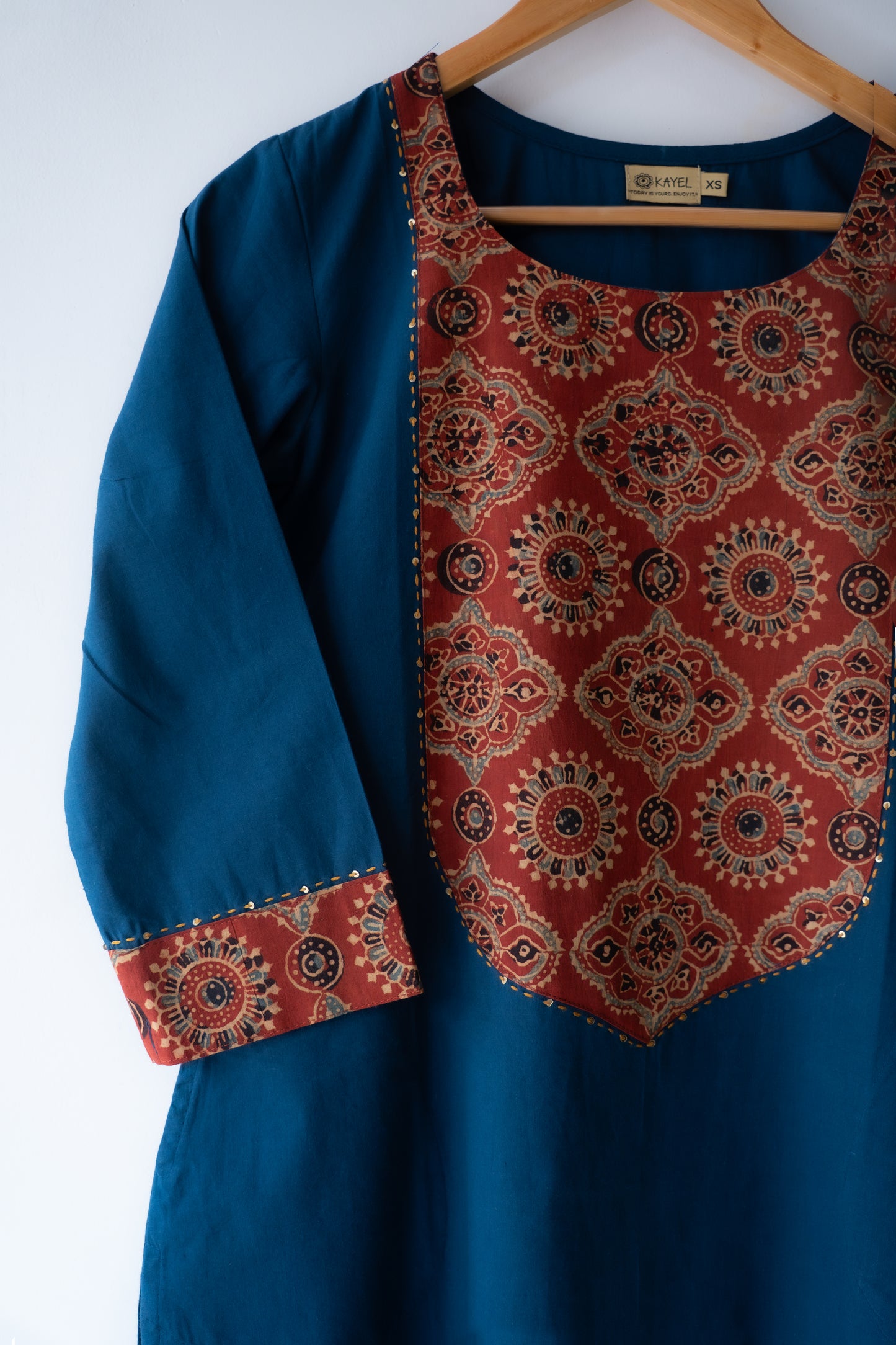 Solid cotton Kurta with a long yoke + Kantha embroidery