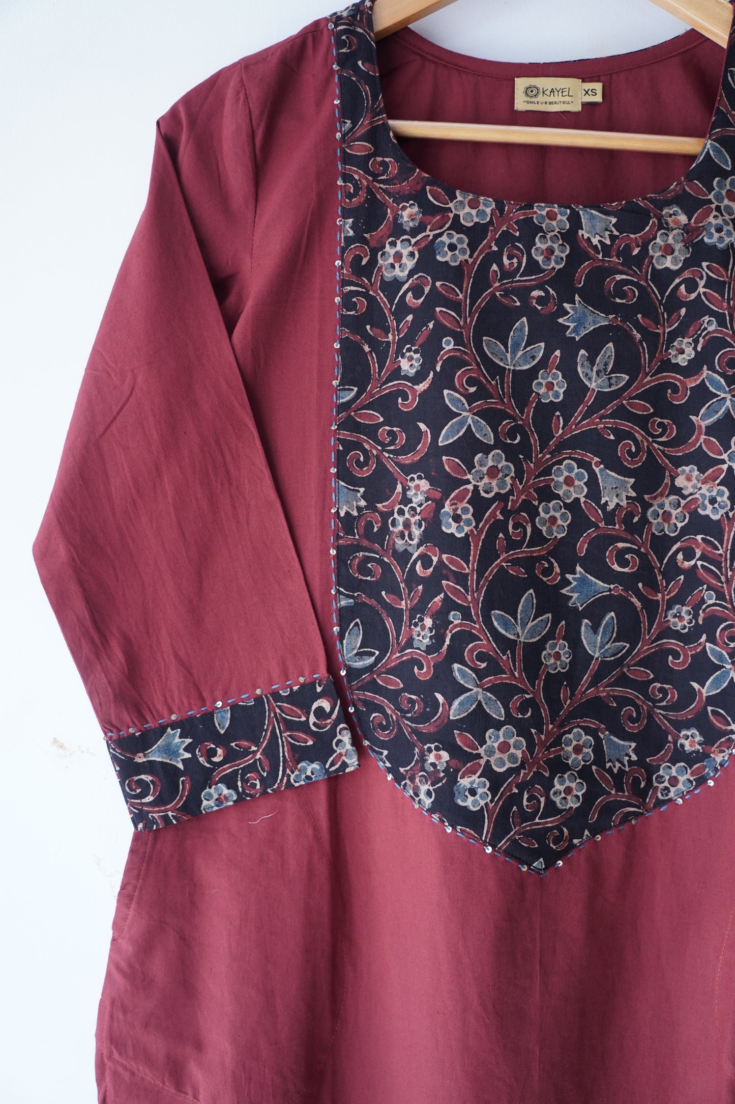Solid cotton Kurta with a long yoke + Kantha embroidery