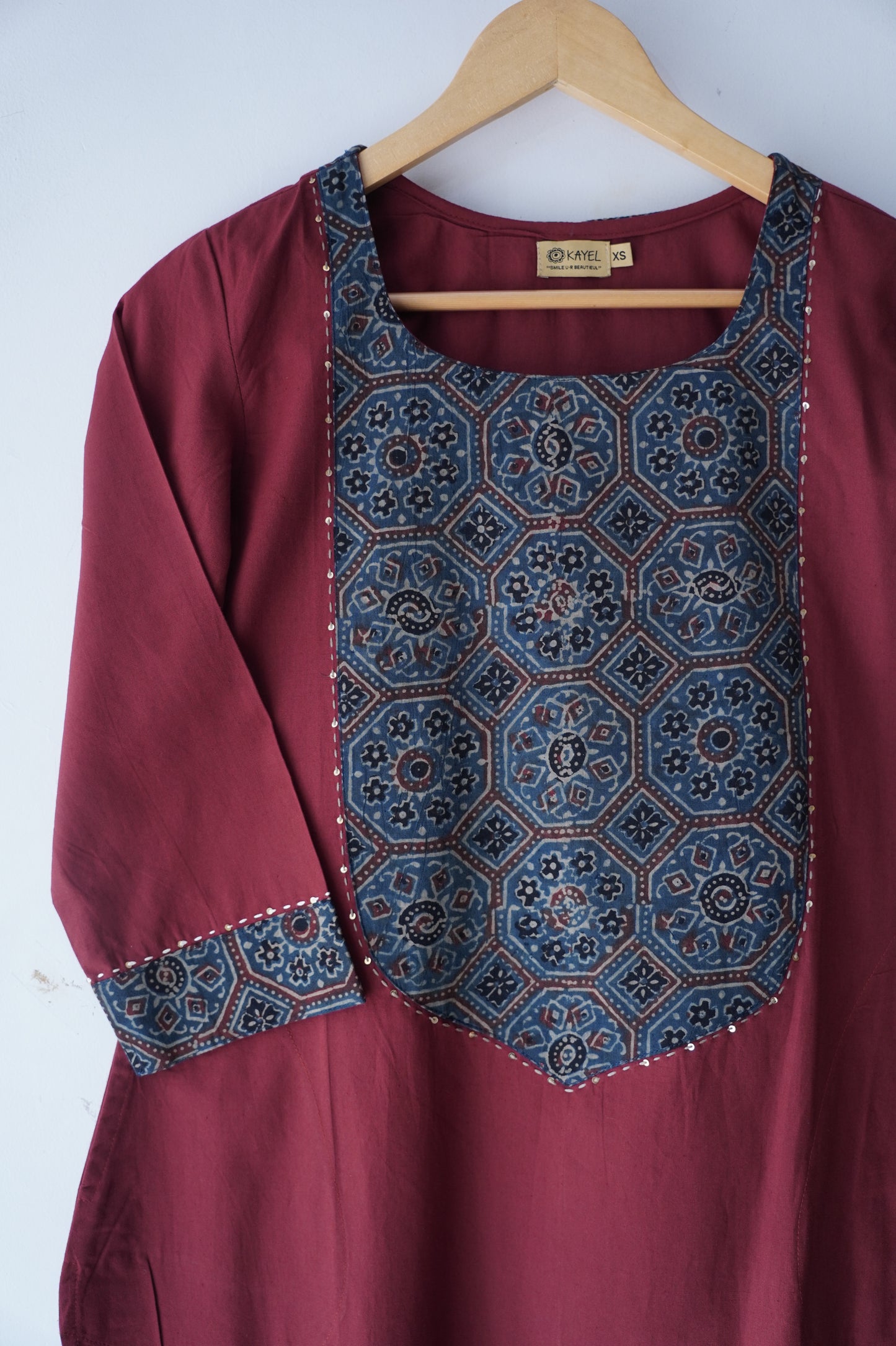 Solid cotton Kurta with a long yoke + Kantha embroidery