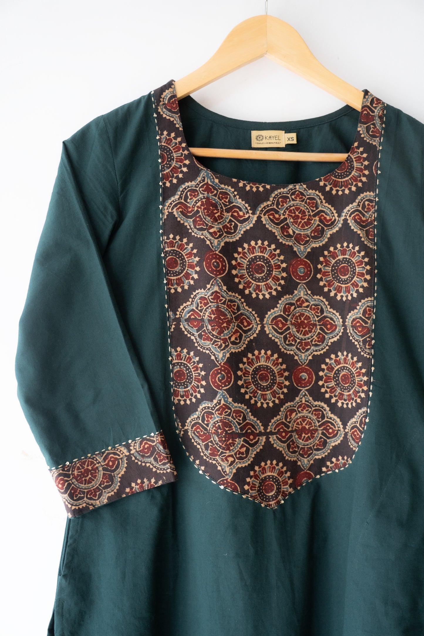 Solid cotton Kurta with a long yoke + Kantha embroidery