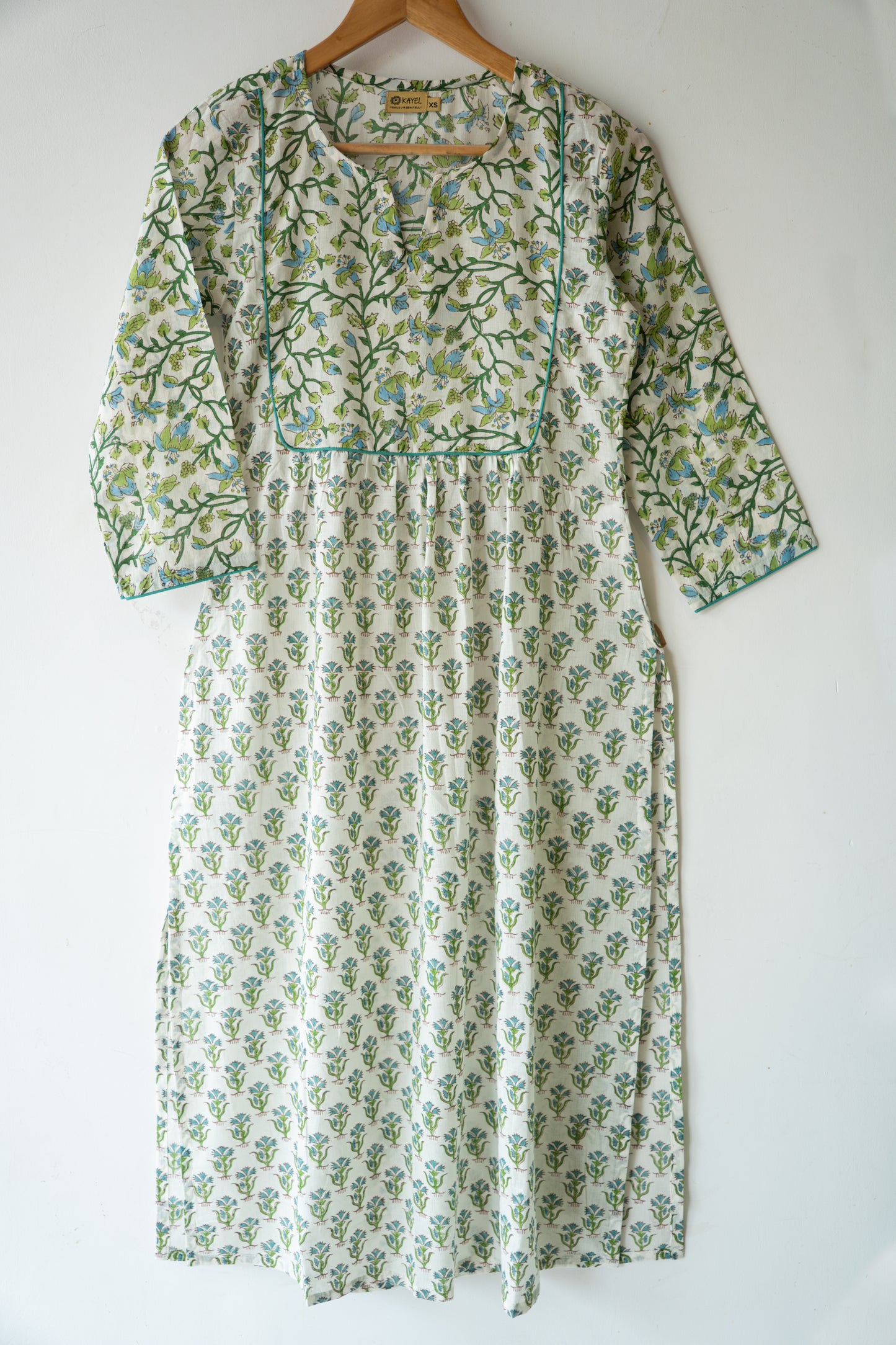Block printed straight kurta with yoke & gathers.
