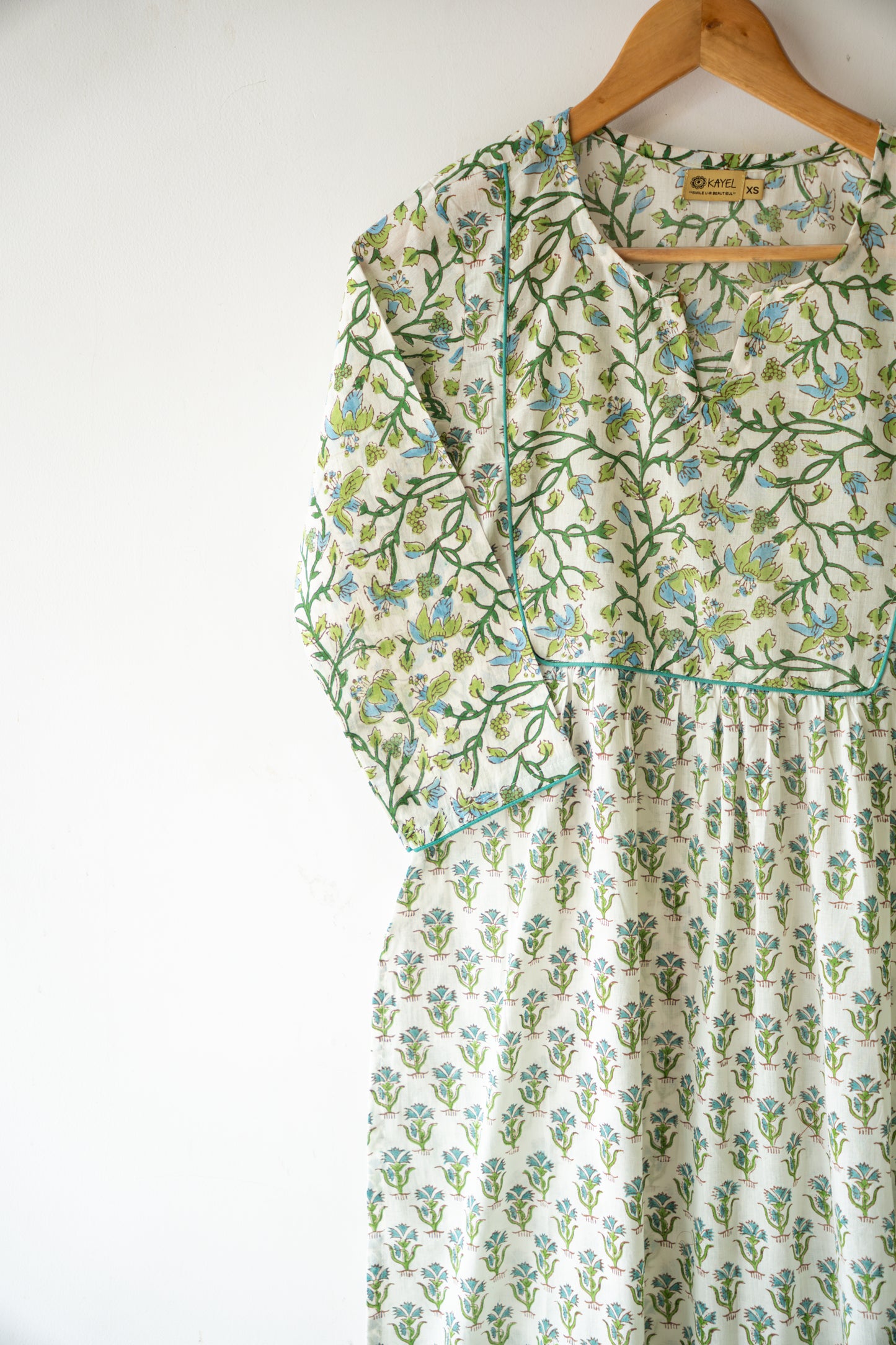 Block printed straight kurta with yoke & gathers.