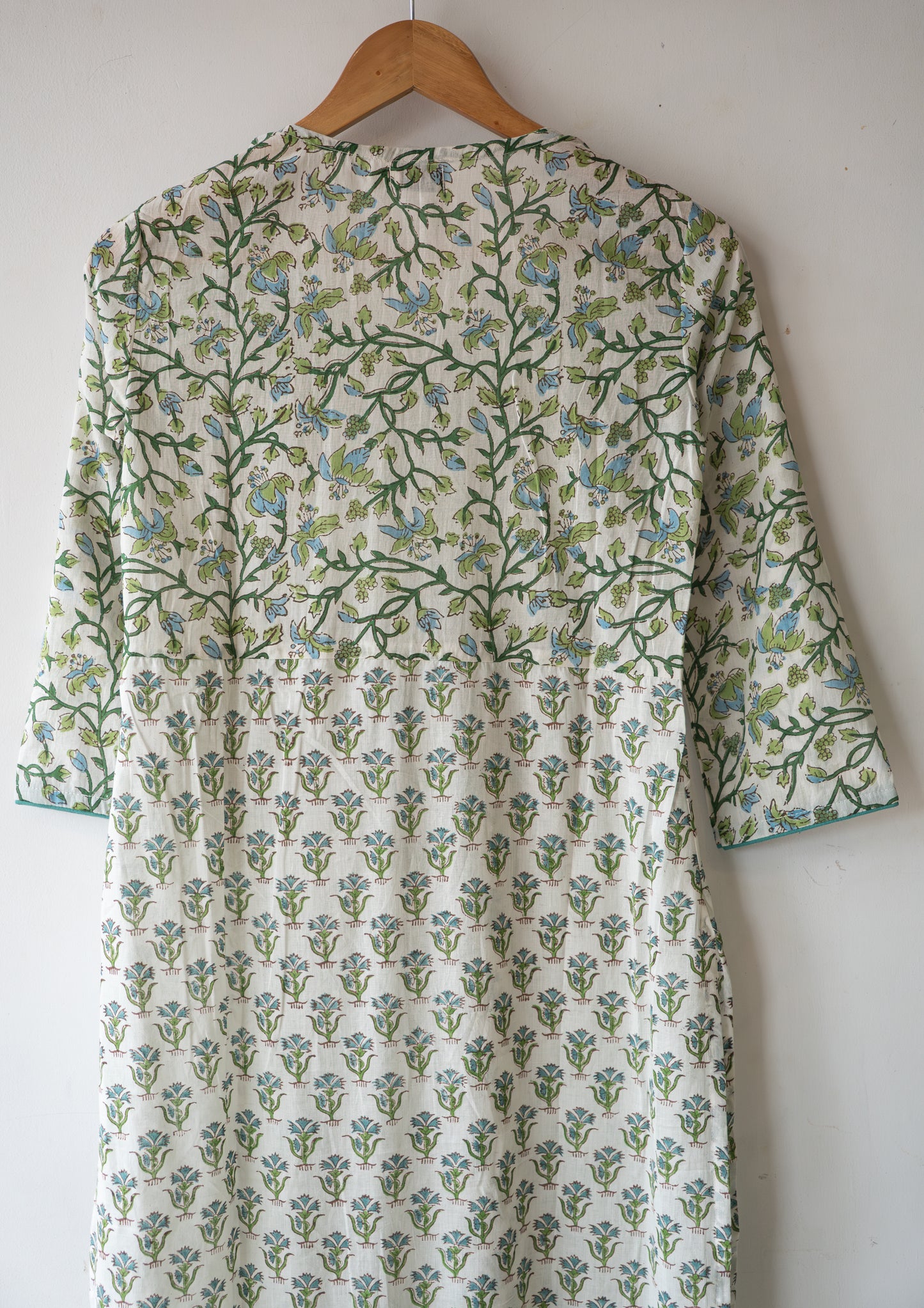 Block printed straight kurta with yoke & gathers.