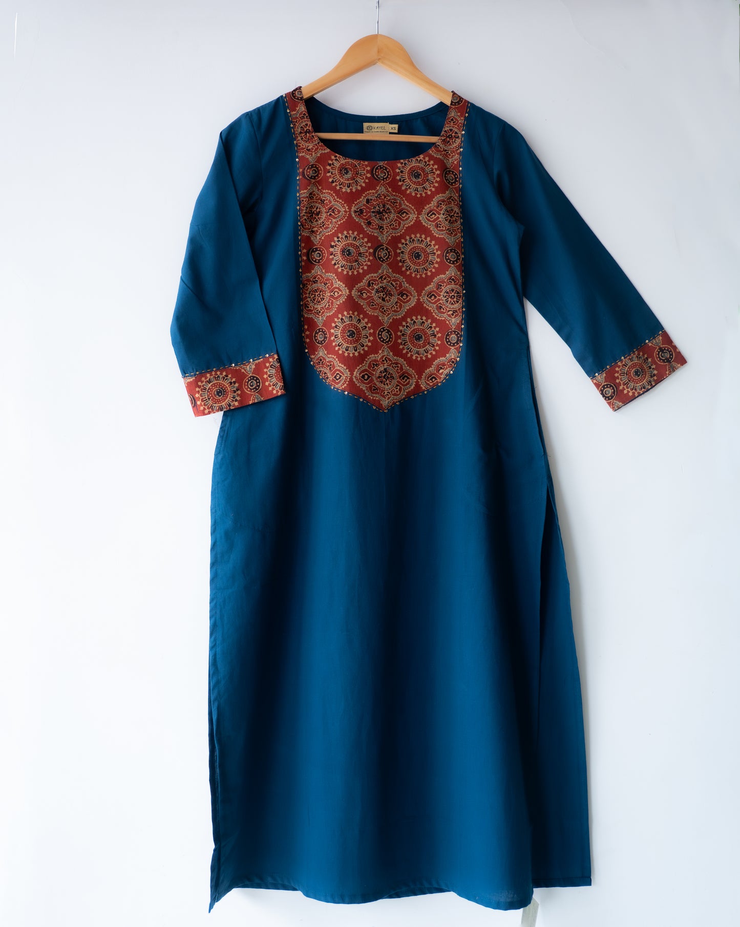 Solid cotton Kurta with a long yoke + Kantha embroidery